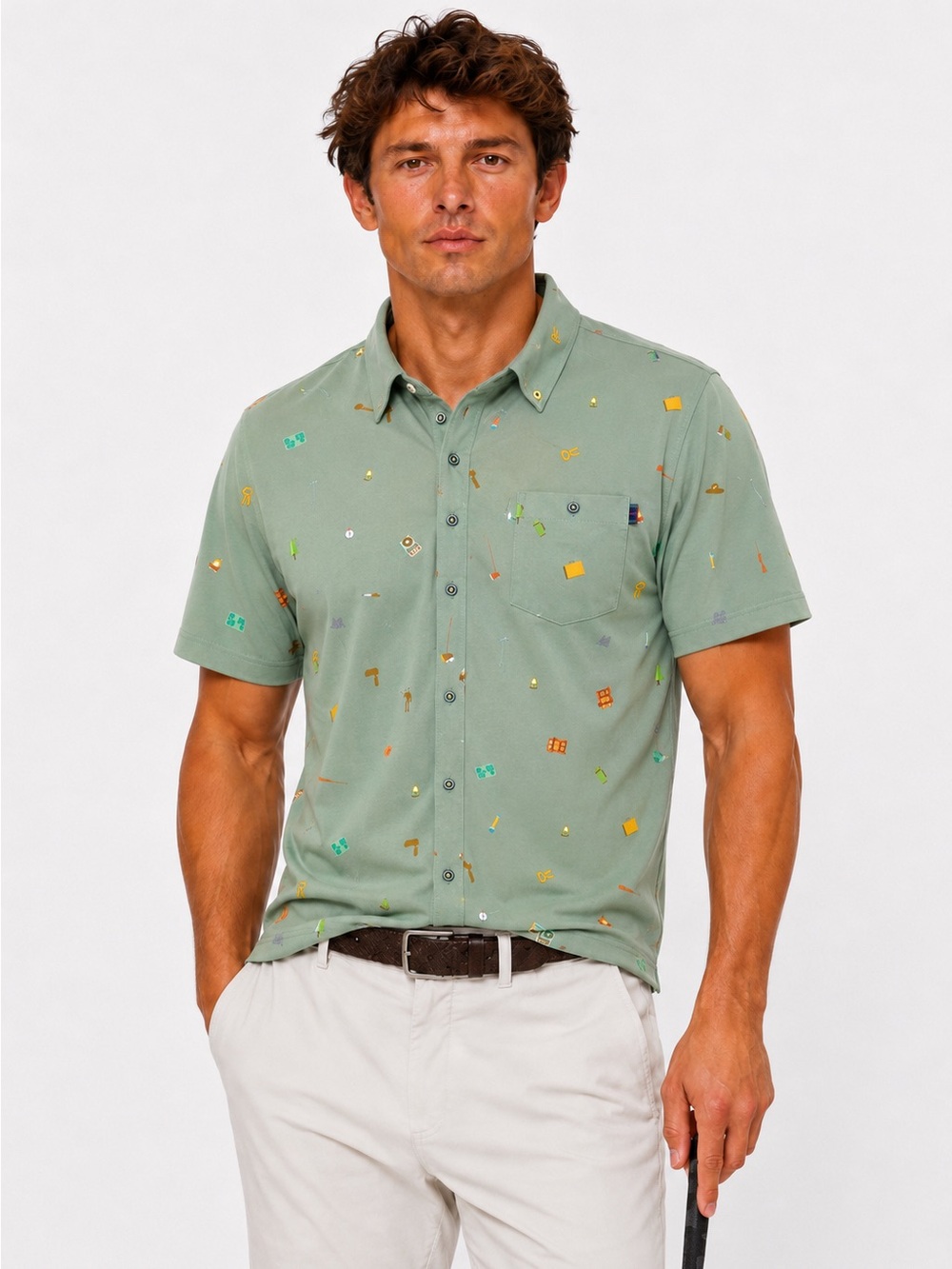 NWOT William Murray Golf Happy Glamper Green Button Down Shirt Lg. Retired Print